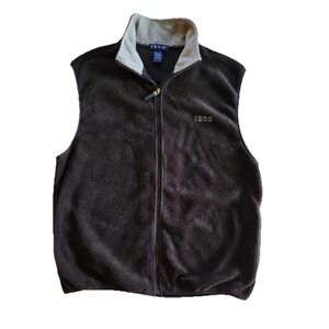 VTG IZOD Vest Men's LG Black Gray, Golf Full Zip Up Fleece Preppy Jacket Pockets